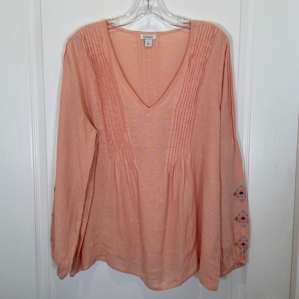 Sundance Embroidered‎ Pintuck V-Neck Blouse Peachy Pink Bohemian 100% Linen L